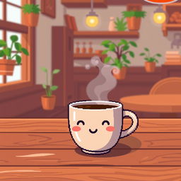 A cozy pixel art scene featuring a steaming cup of coffee set on a wooden table