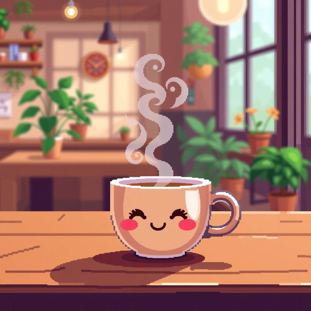 A cozy pixel art scene featuring a steaming cup of coffee set on a wooden table