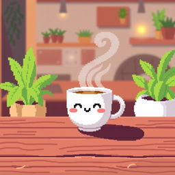 A cozy pixel art scene featuring a steaming cup of coffee set on a wooden table