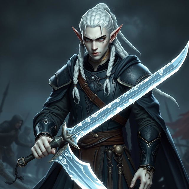 A male elf character designed as a battle warlock, standing in a serious battle stance