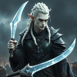 A male elf character designed as a battle warlock, standing in a serious battle stance