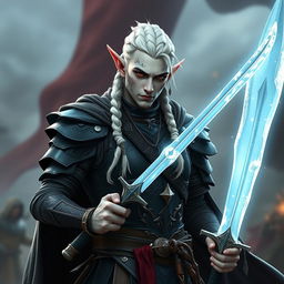 A male elf character designed as a battle warlock, standing in a serious battle stance