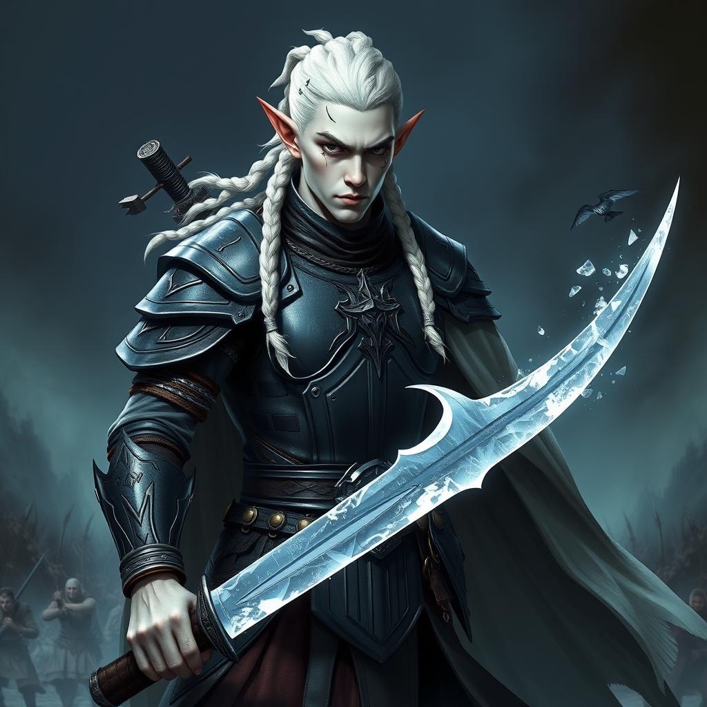 A male elf character designed as a battle warlock, standing in a serious battle stance