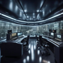 A futuristic penitentiary control room styled glass penthouse office equipped with advanced audio equipment, modeled after the architecture provided in the given the link.