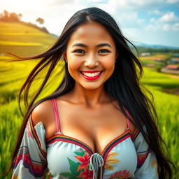 A beautiful woman from Lampung, Indonesia, with large, rounded breasts, depicted as a farmer