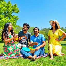 A group of four friends laughing and enjoying a sunny picnic in a lush green park