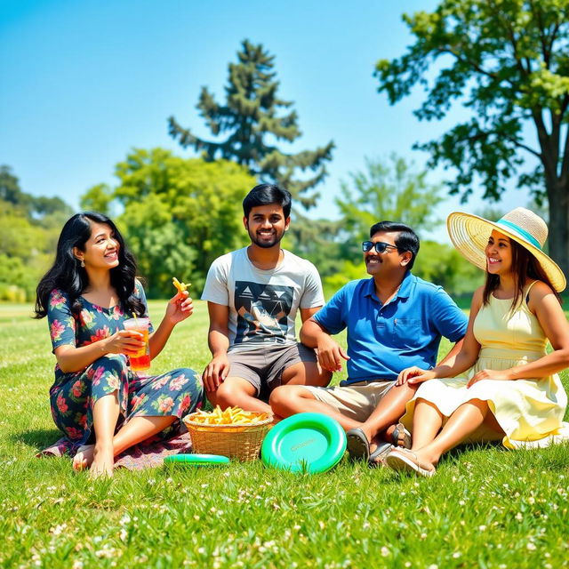 A group of four friends laughing and enjoying a sunny picnic in a lush green park