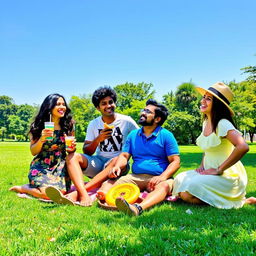 A group of four friends laughing and enjoying a sunny picnic in a lush green park