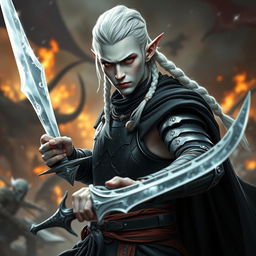 A male elf character designed as a battle warlock, positioned in a serious battle stance
