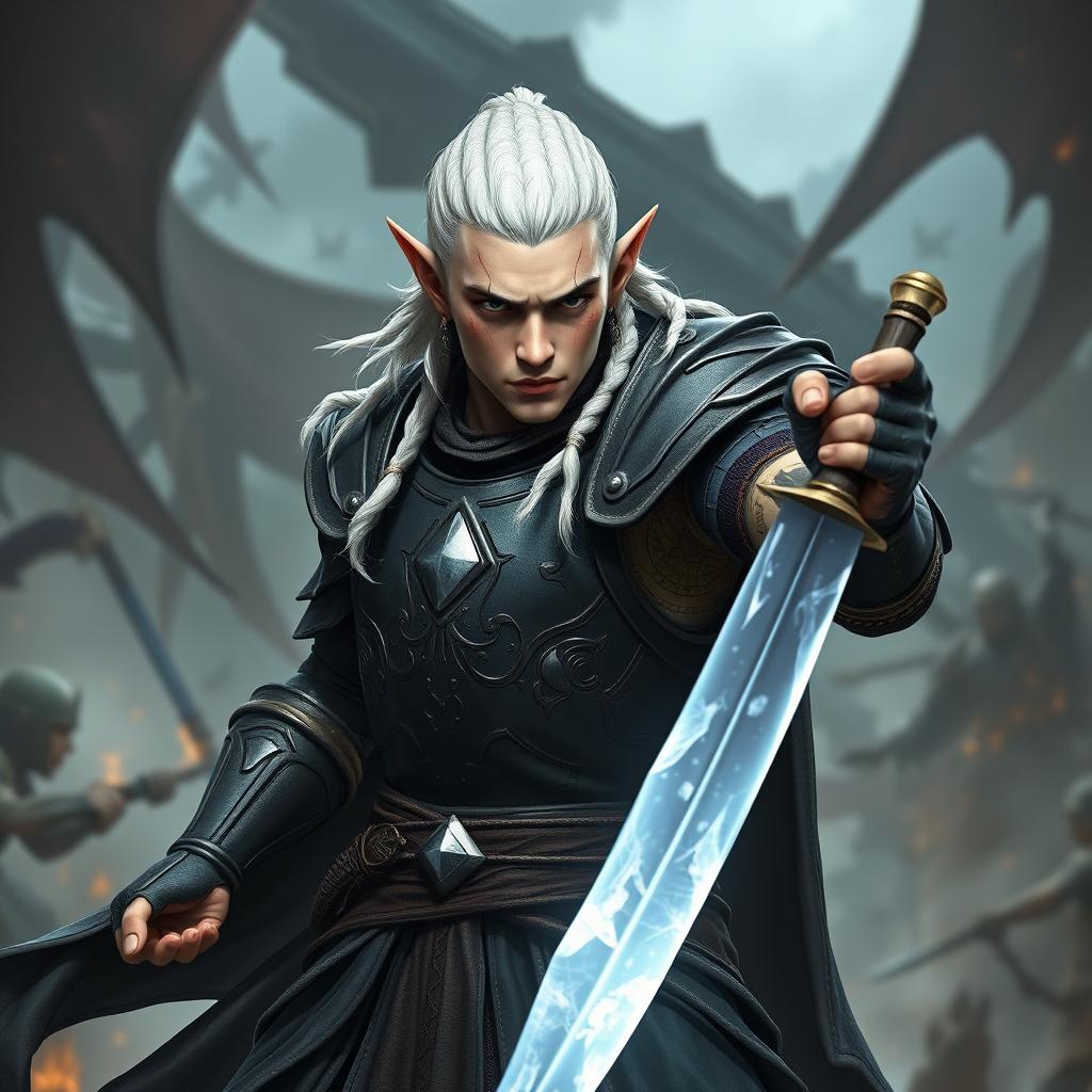 A male elf character designed as a battle warlock, positioned in a serious battle stance