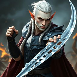A male elf character designed as a battle warlock, positioned in a serious battle stance