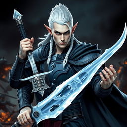 A male elf character designed as a battle warlock, positioned in a serious battle stance