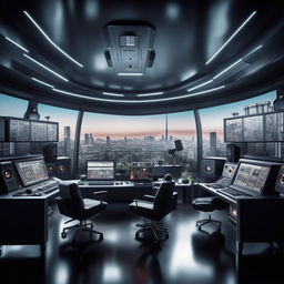 A futuristic penitentiary control room styled glass penthouse office equipped with advanced audio equipment, modeled after the architecture provided in the given the link.