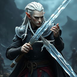 A male elf character, a battle warlock, captured in a serious battle stance