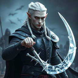 A male elf character, a battle warlock, captured in a serious battle stance