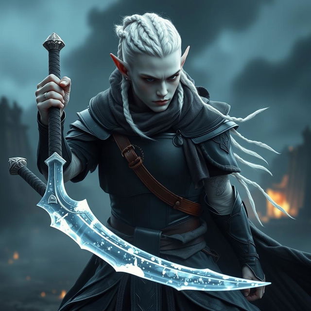 A male elf character, a battle warlock, captured in a serious battle stance