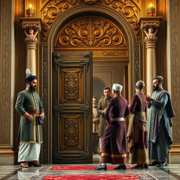 An ornate, ancient door symbolizing significance and history, situated in a grand palace