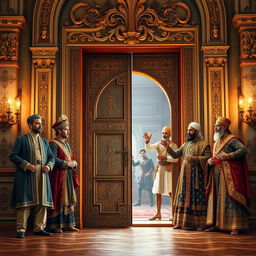 An ornate, ancient door symbolizing significance and history, situated in a grand palace