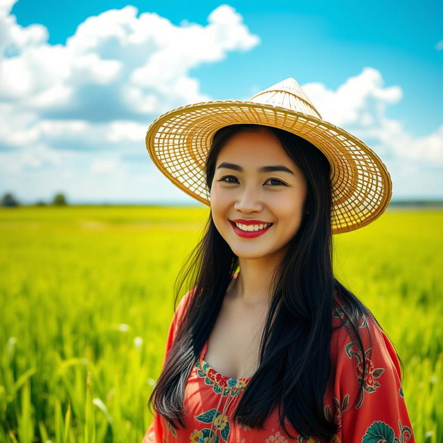 A beautiful Chinese farmer woman with very large, round breasts, standing confidently in a lush green field