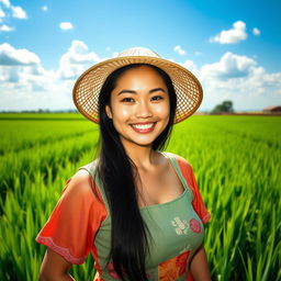 A beautiful Chinese farmer woman with very large, round breasts, standing confidently in a lush green field