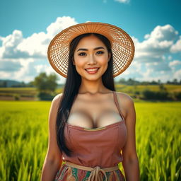 A beautiful Chinese farmer woman with very large, round breasts, standing confidently in a lush green field