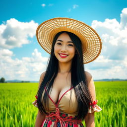 A beautiful Chinese farmer woman with very large, round breasts, standing confidently in a lush green field