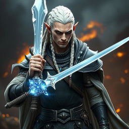 A male elf character designed as a battle warlock, captured in a serious battle stance