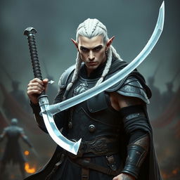 A male elf character designed as a battle warlock, captured in a serious battle stance