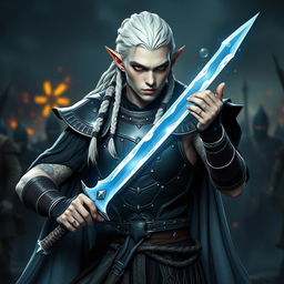 A male elf character designed as a battle warlock, captured in a serious battle stance