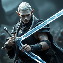 A male elf character designed as a battle warlock, captured in a serious battle stance