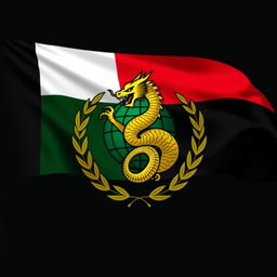 A bold and imaginative flag design for the Axis of Revival Alliance, incorporating the elements from Germany, Italy, and Japan
