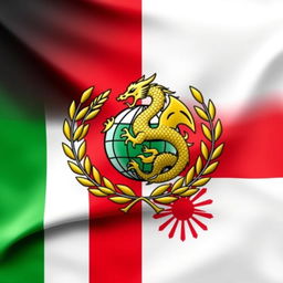 A bold and imaginative flag design for the Axis of Revival Alliance, incorporating the elements from Germany, Italy, and Japan