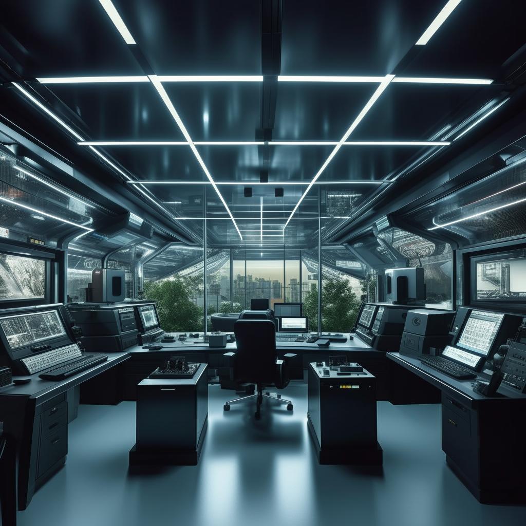 A futuristic penitentiary control room styled glass penthouse office equipped with advanced audio equipment, modeled after the architecture provided in the given the link.