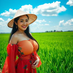 A stunningly beautiful Chinese farmer woman with exceptionally large, round breasts, confidently standing in a flourishing field