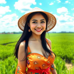 A stunningly beautiful Chinese farmer woman with exceptionally large, round breasts, confidently standing in a flourishing field