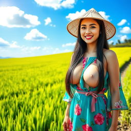 A stunningly beautiful Chinese farmer woman with exceptionally large, round breasts, confidently standing in a flourishing field