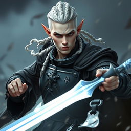 A male elf character, embodying the class of a battle warlock, captured in a serious battle stance