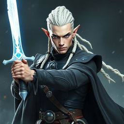 A male elf character, embodying the class of a battle warlock, captured in a serious battle stance