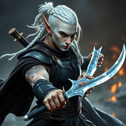 A male elf character, embodying the class of a battle warlock, captured in a serious battle stance