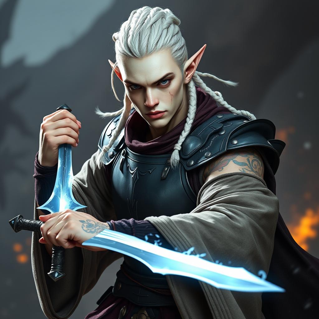 A male elf character, embodying the class of a battle warlock, captured in a serious battle stance