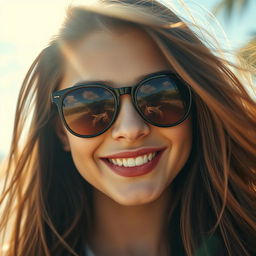 A close-up portrait of a young adult with striking features, framed by long flowing hair, smiling confidently