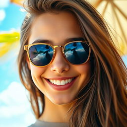 A close-up portrait of a young adult with striking features, framed by long flowing hair, smiling confidently