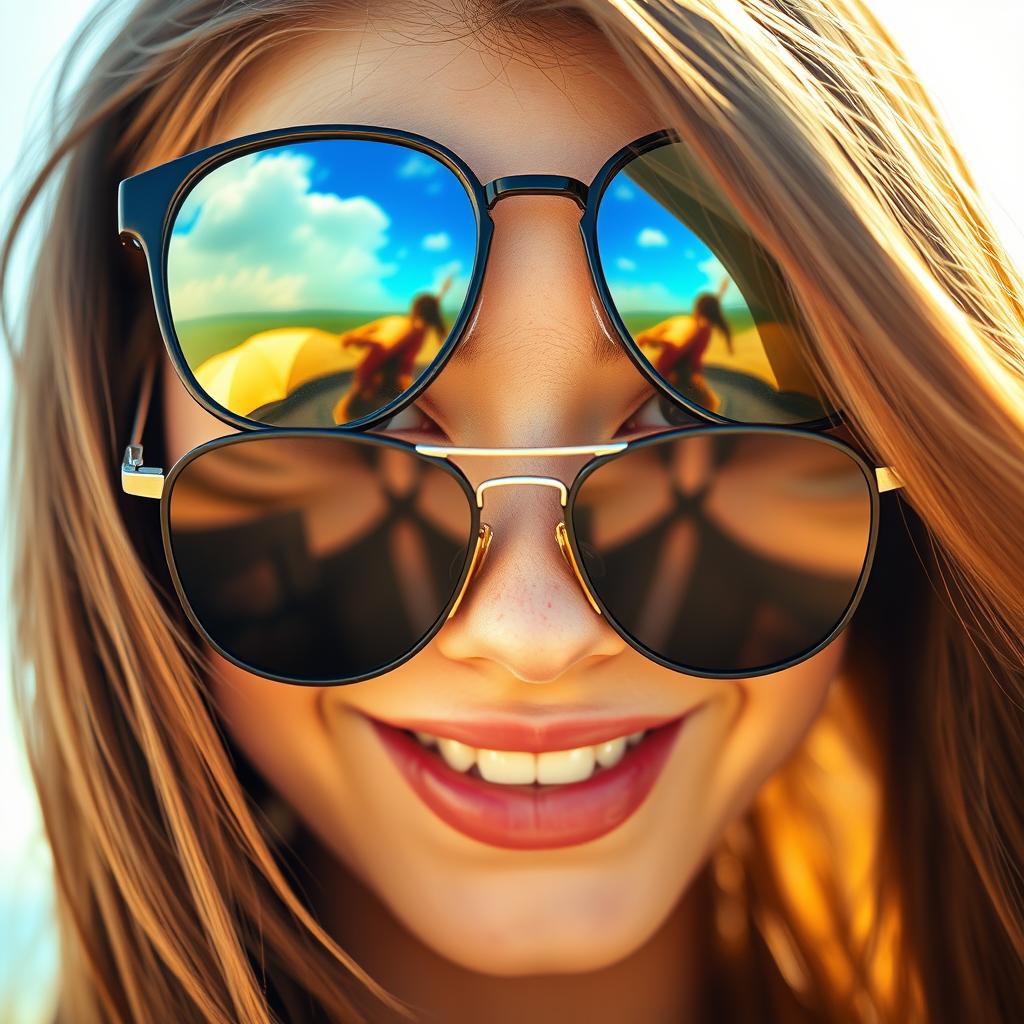 A close-up portrait of a young adult with striking features, framed by long flowing hair, smiling confidently