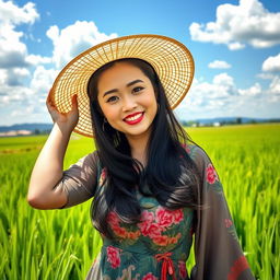 A beautiful Chinese farmer woman with large, round breasts, confidently posing in a thriving green rice field