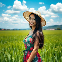 A beautiful Chinese farmer woman with large, round breasts, confidently posing in a thriving green rice field