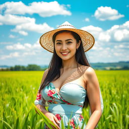 A beautiful Chinese farmer woman with large, round breasts, confidently posing in a thriving green rice field