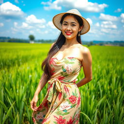A beautiful Chinese farmer woman with large, round breasts, confidently posing in a thriving green rice field