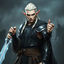 A male elf character embodying the battle warlock class, depicted in a serious battle stance