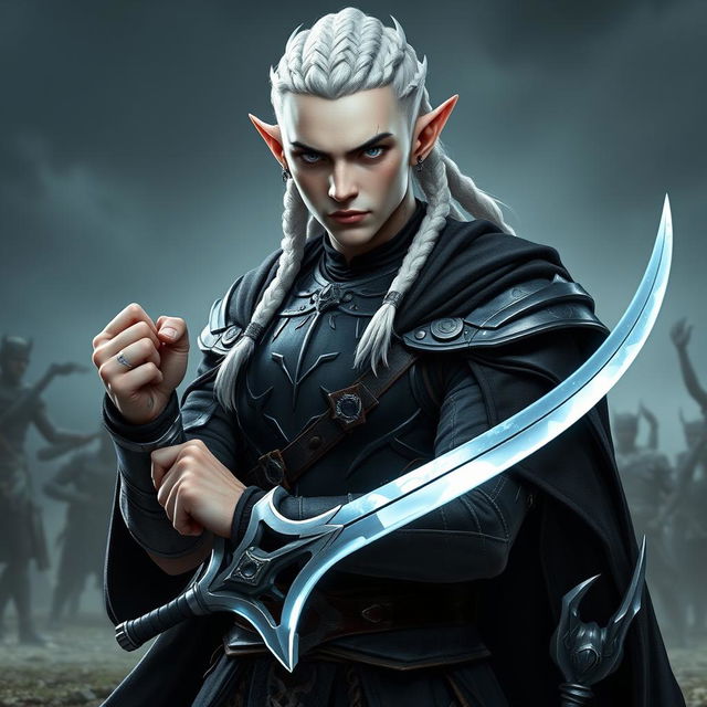 A male elf character embodying the battle warlock class, depicted in a serious battle stance