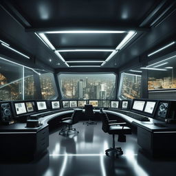 A futuristic penitentiary control room styled glass penthouse office equipped with advanced audio equipment, modeled after the architecture provided in the given the link.